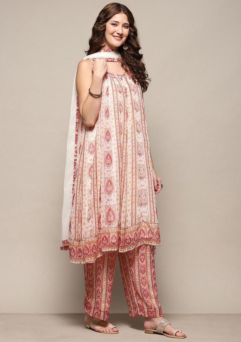Cream Printed Polyester Kurta Sets - Indya
