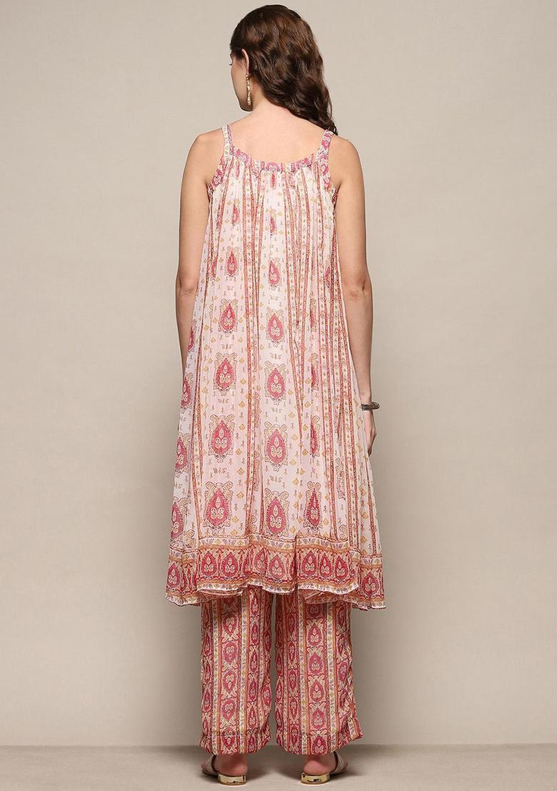 Cream Printed Polyester Kurta Sets - Indya