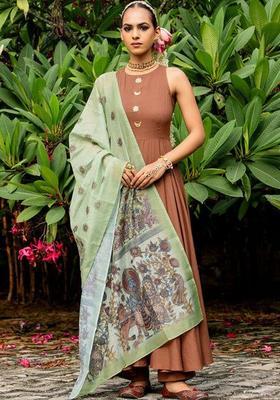 Brown Solid Cotton Anarkli Sets
