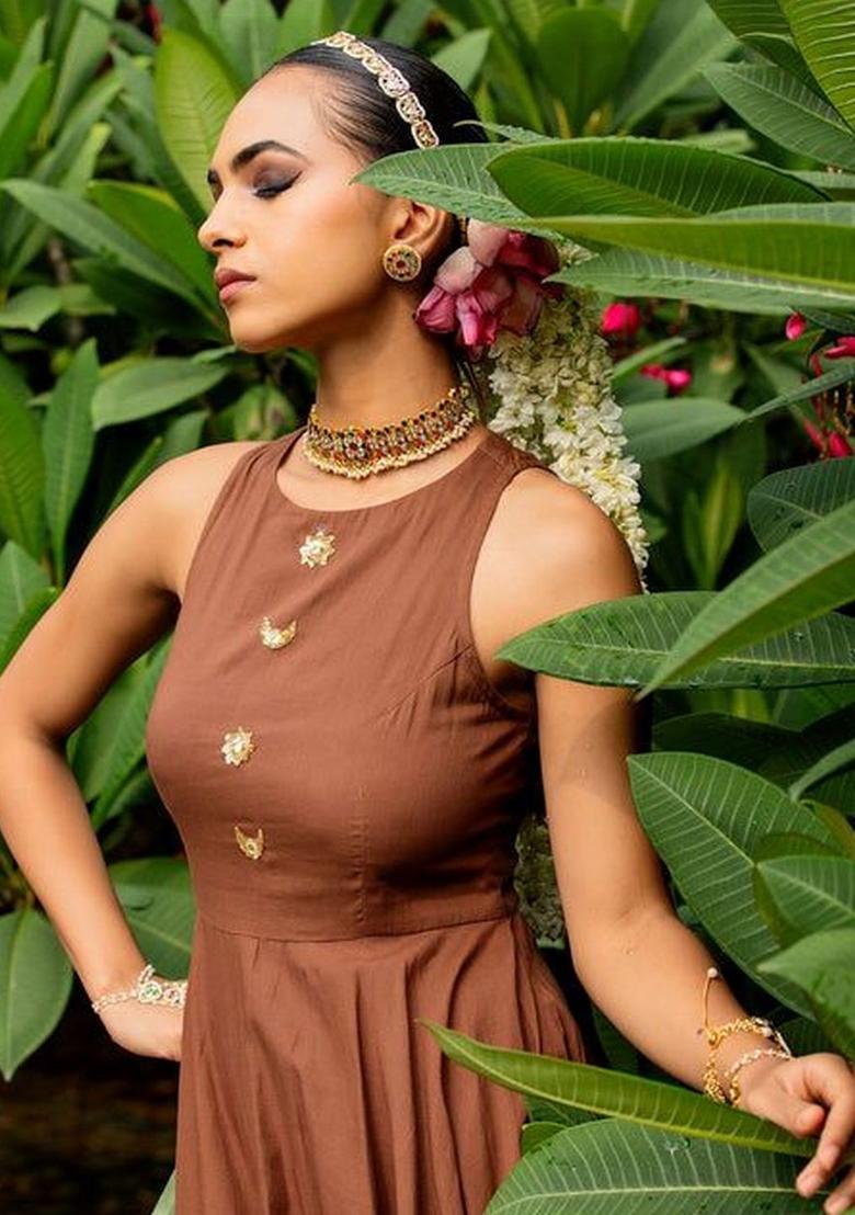 Brown Solid Cotton Anarkli Sets - Indya