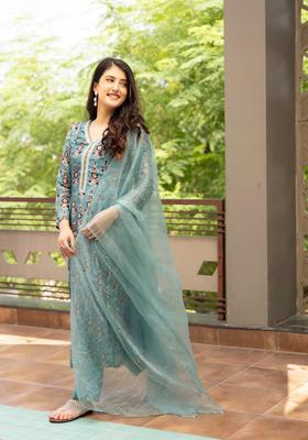 Blue Printed Silk Blend Kurta Sets