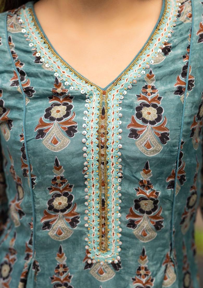 Blue Printed Silk Blend Kurta Sets - Indya