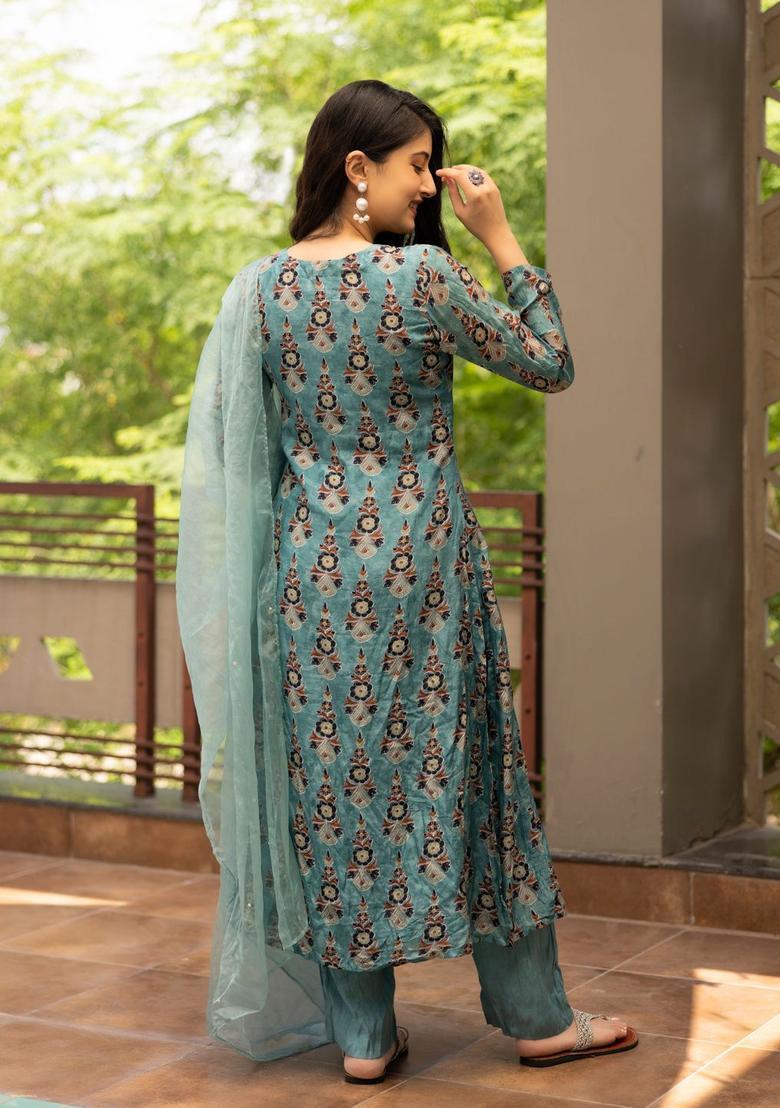 Blue Printed Silk Blend Kurta Sets - Indya