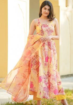 Yellow Printed Cotton Anarkli Sets