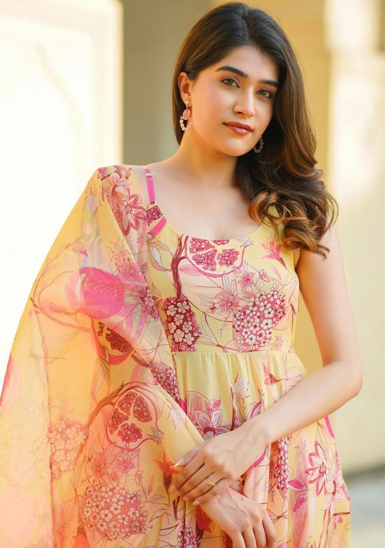 Yellow Printed Cotton Anarkli Sets - Indya