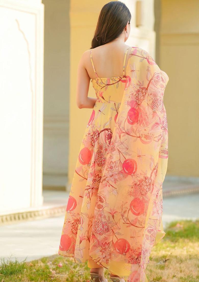 Yellow Printed Cotton Anarkli Sets - Indya