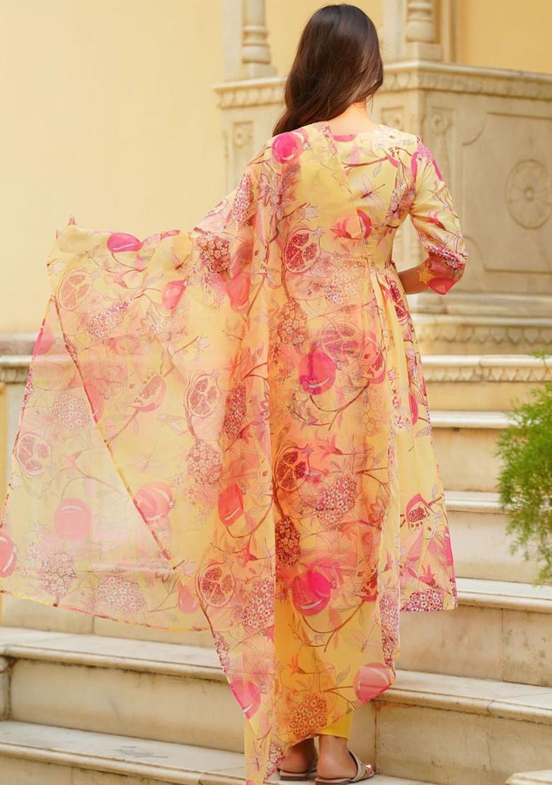 Yellow Printed Cotton Anarkli Sets - Indya