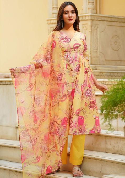 Yellow Printed Cotton Anarkli Sets