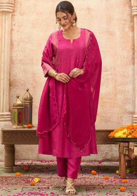 Magenta Solid Silk Blend Kurta Sets