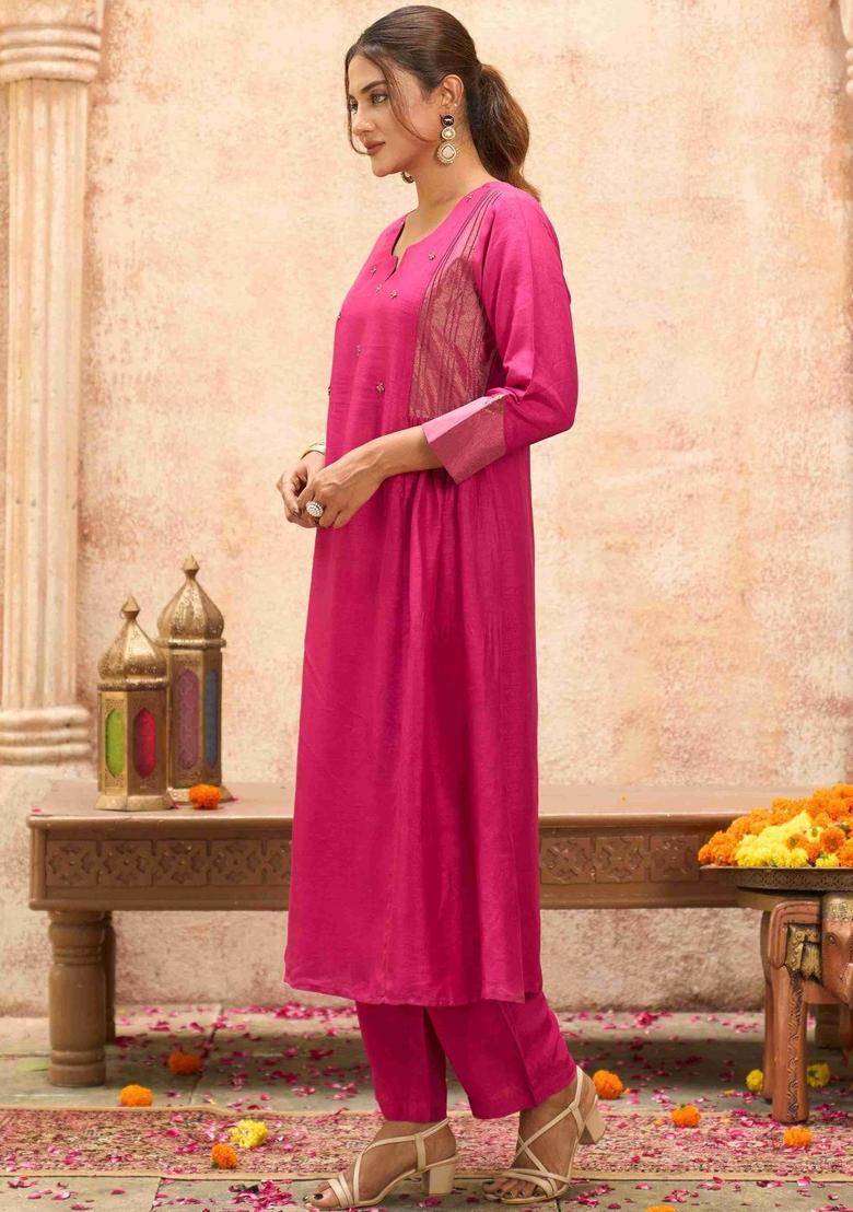 Magenta Solid Silk Blend Kurta Sets - Indya