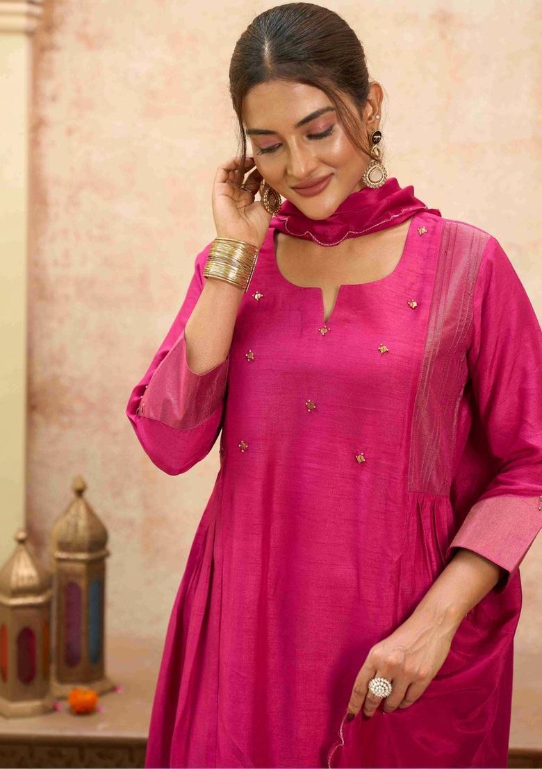 Magenta Solid Silk Blend Kurta Sets - Indya