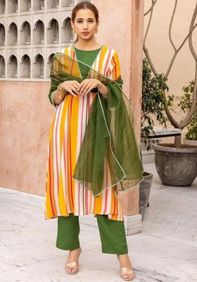 Mustard Striped Viscose Kurta Sets