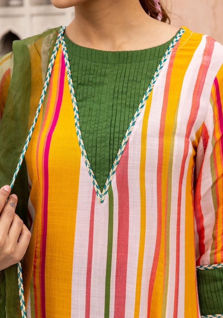 Mustard Striped Viscose Kurta Sets - Indya
