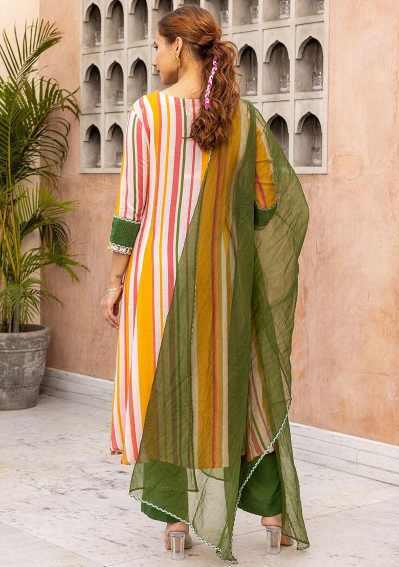 Mustard Striped Viscose Kurta Sets - Indya