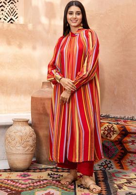 Red Striped Silk Blend Kurta Sets