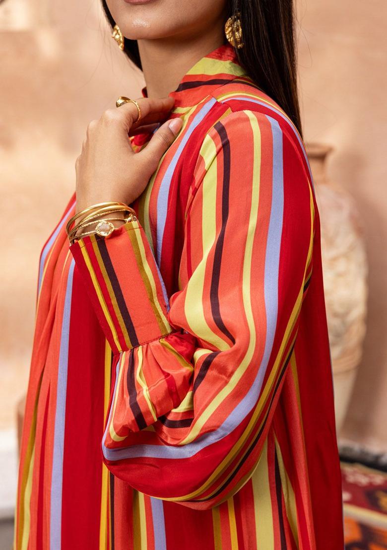 Red Striped Silk Blend Kurta Sets - Indya