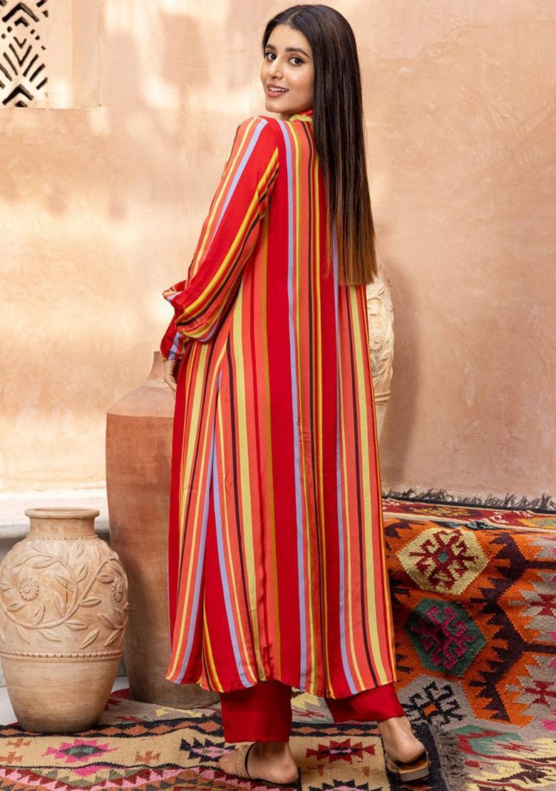 Red Striped Silk Blend Kurta Sets - Indya