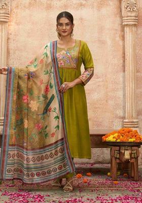 Lime Green Embroidered Silk Blend Kurta Sets