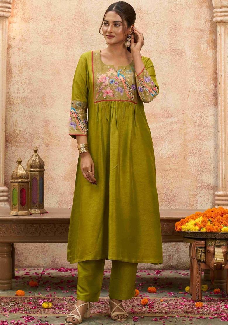 Lime Green Embroidered Silk Blend Kurta Sets - Indya