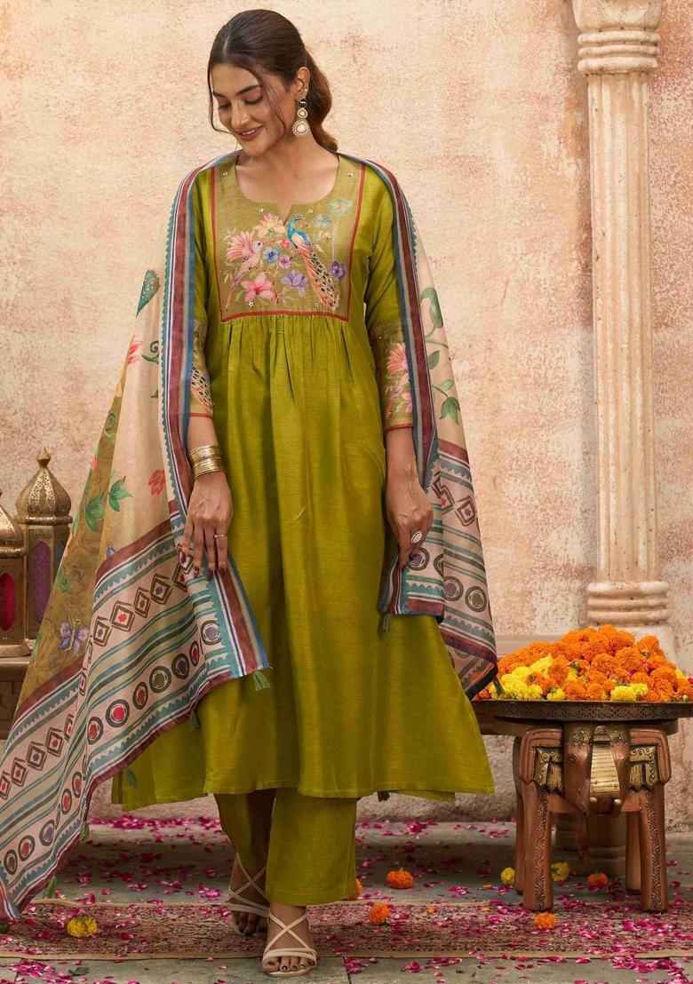Lime Green Embroidered Silk Blend Kurta Sets - Indya