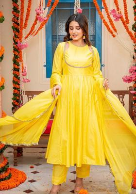 Yellow Solid Silk Blend Anarkli Sets