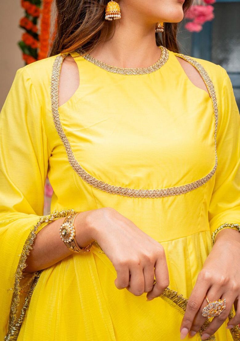Yellow Solid Silk Blend Anarkli Sets - Indya
