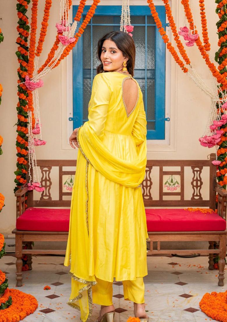 Yellow Solid Silk Blend Anarkli Sets - Indya