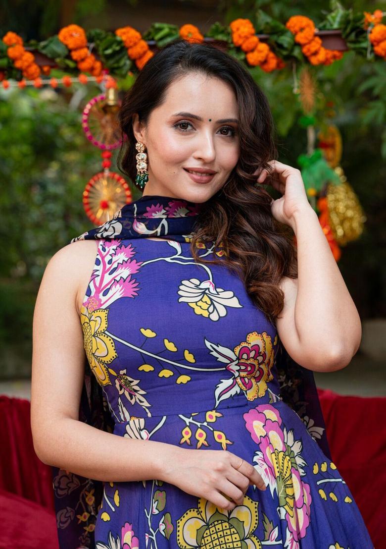 Purple Printed Silk Blend Anarkli Sets - Indya