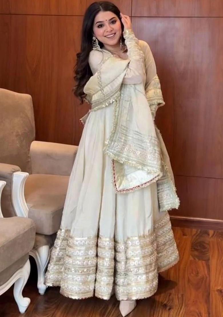 Off White Embroidered Chinon Anarkli Sets - Indya