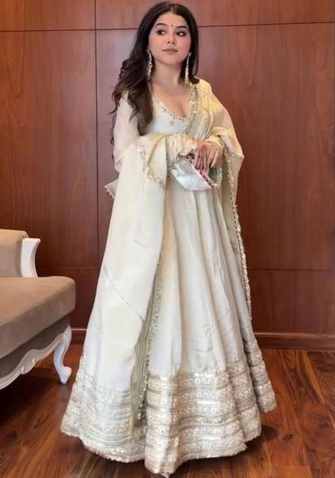 Off White Embroidered Chinon Anarkli Sets