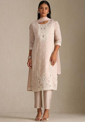 Off White Embroidered Cotton Kurta Sets
