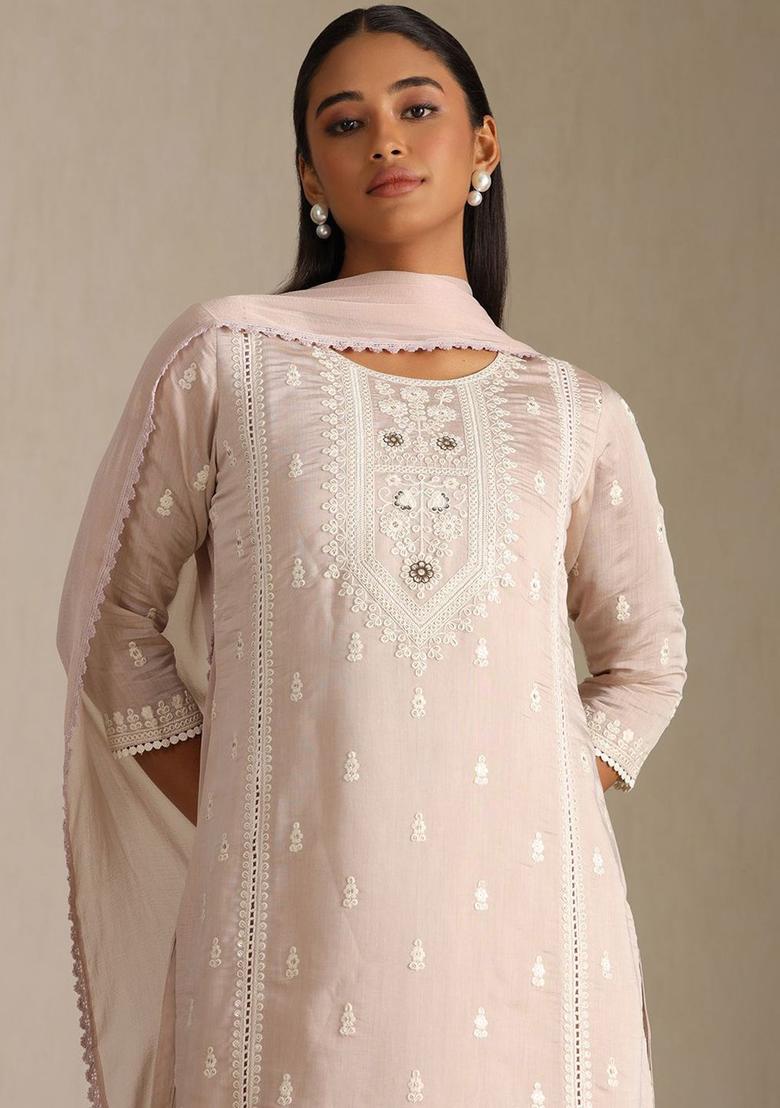Off White Embroidered Cotton Kurta Sets - Indya