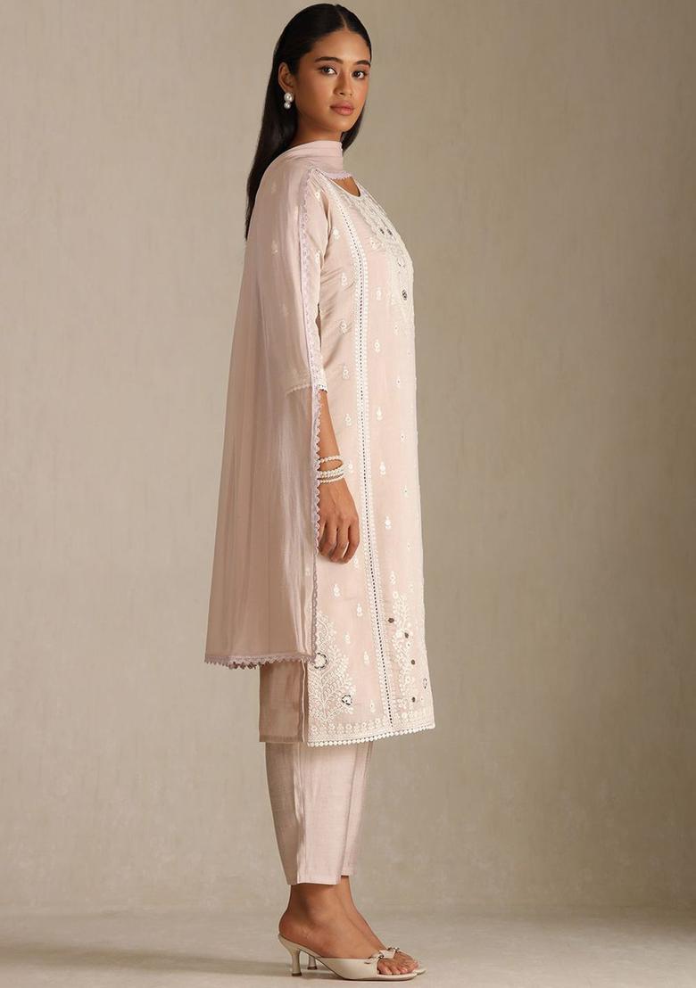 Off White Embroidered Cotton Kurta Sets - Indya