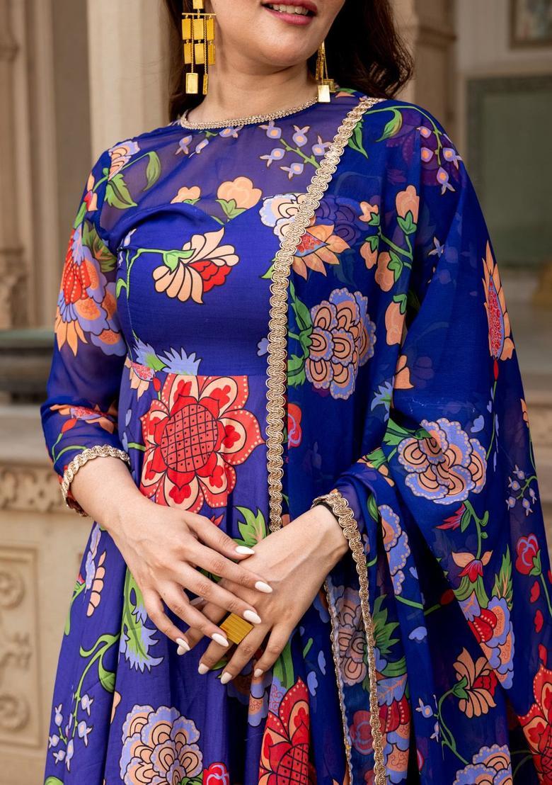 Blue Printed Georgette Anarkli Sets - Indya