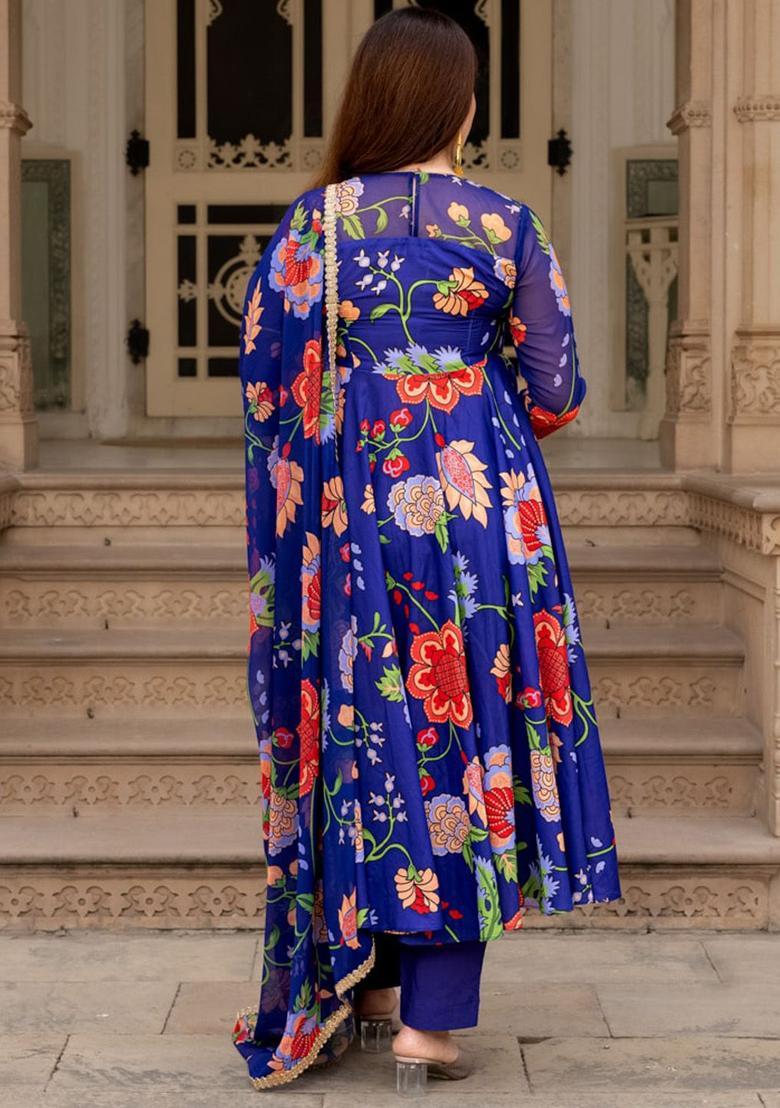 Blue Printed Georgette Anarkli Sets - Indya