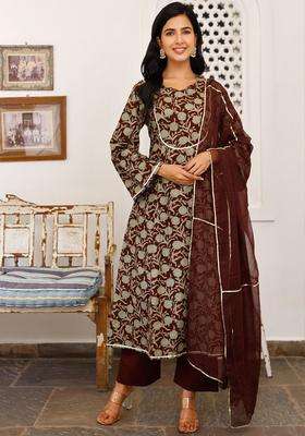 Burgundy Printed Cotton Kurta Sets
