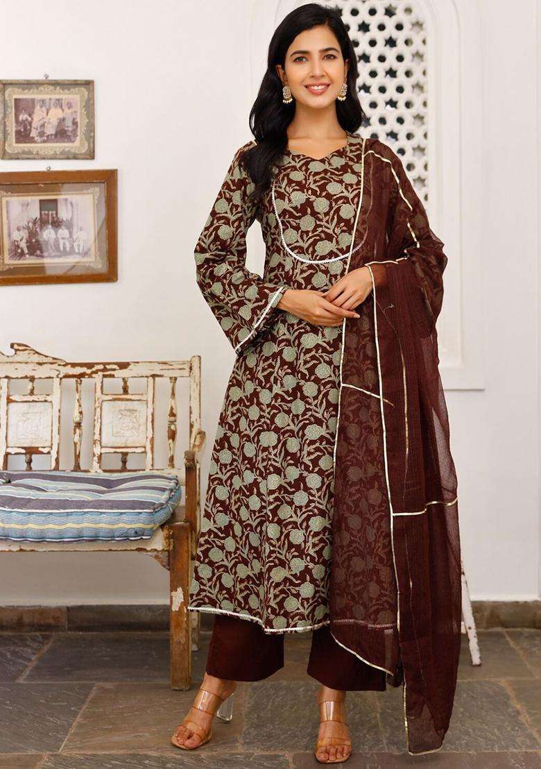 Burgundy Printed Cotton Kurta Sets - Indya