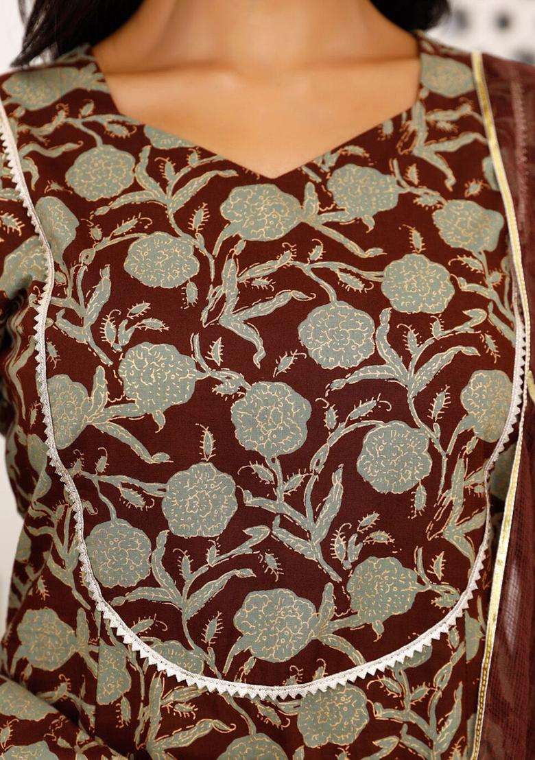 Burgundy Printed Cotton Kurta Sets - Indya