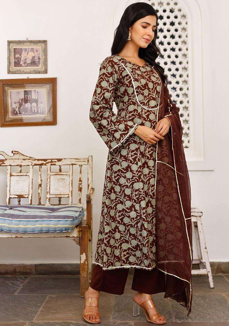 Burgundy Printed Cotton Kurta Sets - Indya