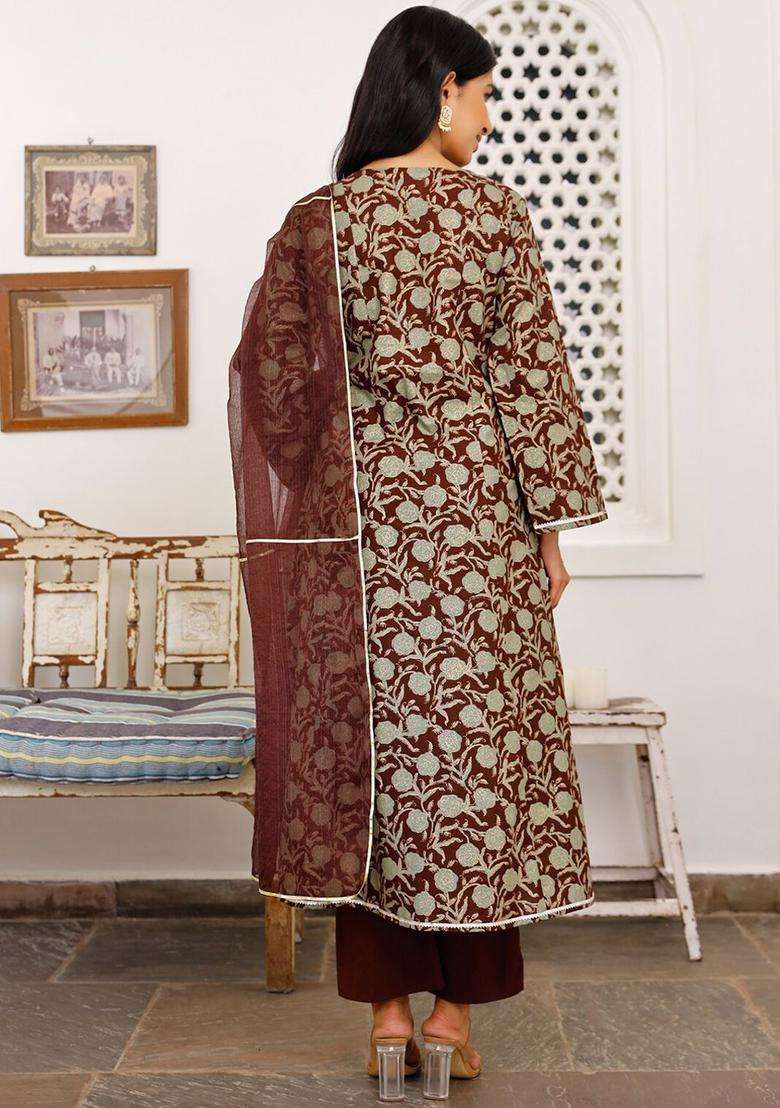 Burgundy Printed Cotton Kurta Sets - Indya