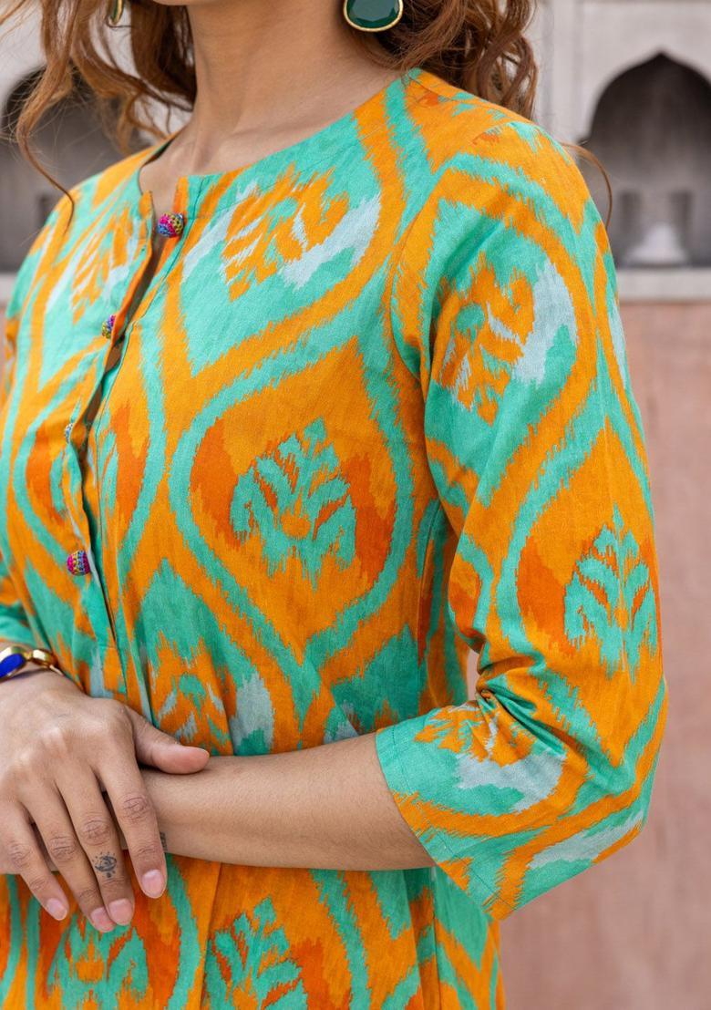 Orange Printed Cotton Kurta Sets - Indya