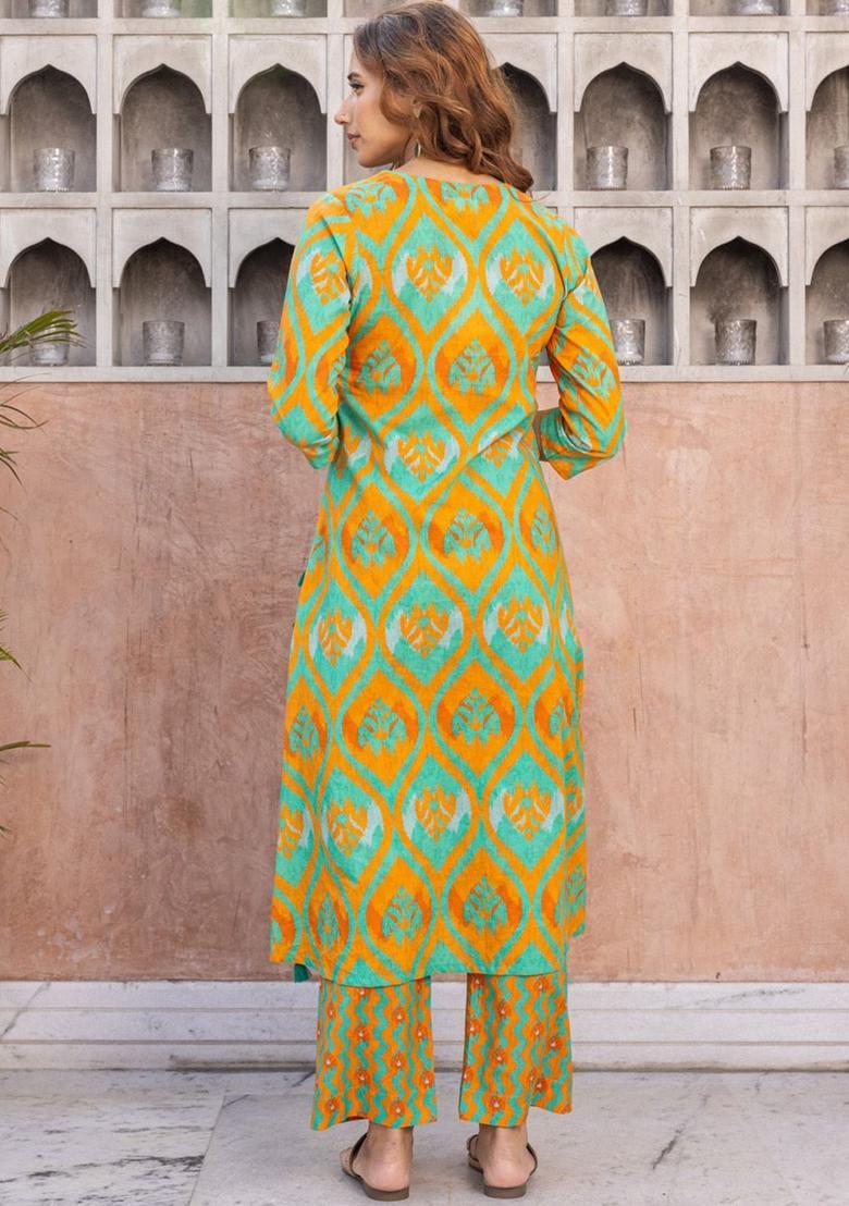 Orange Printed Cotton Kurta Sets - Indya