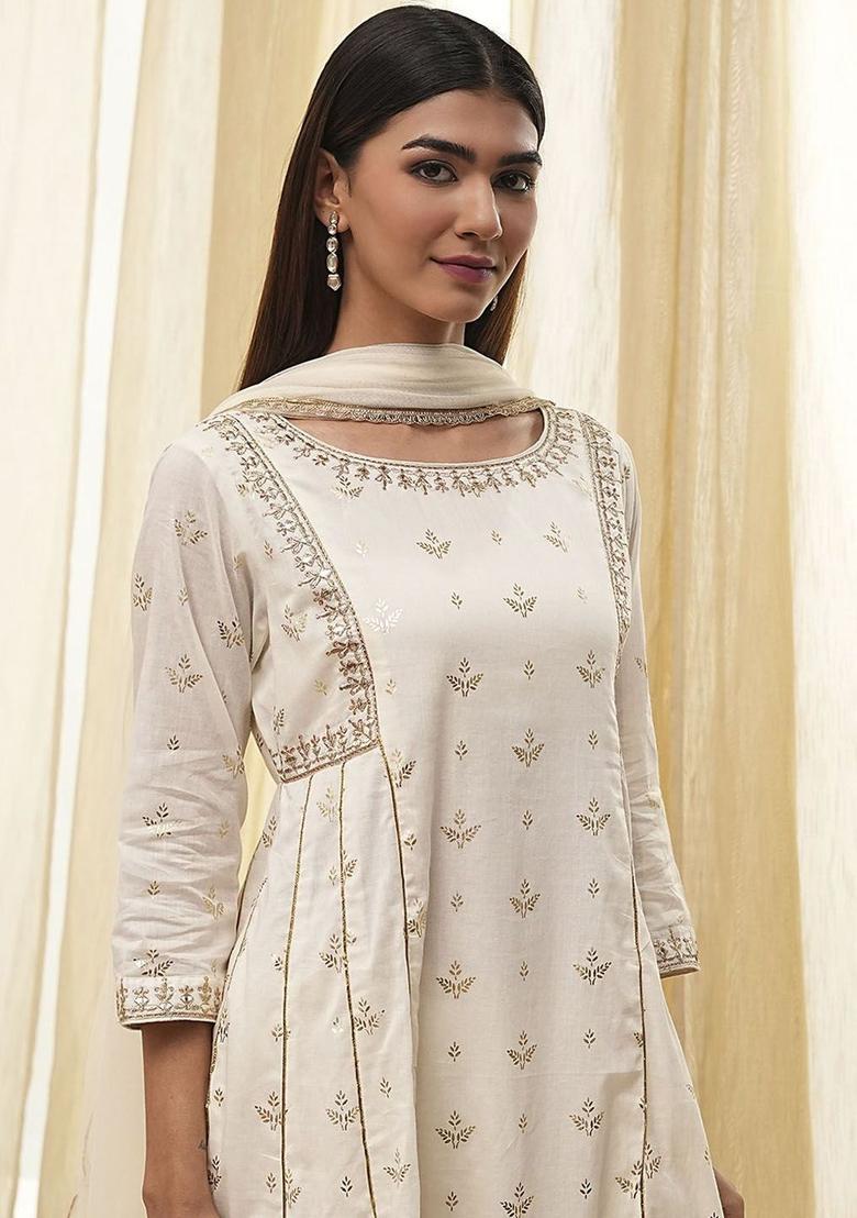 Cream Printed Cotton Anarkli Sets - Indya