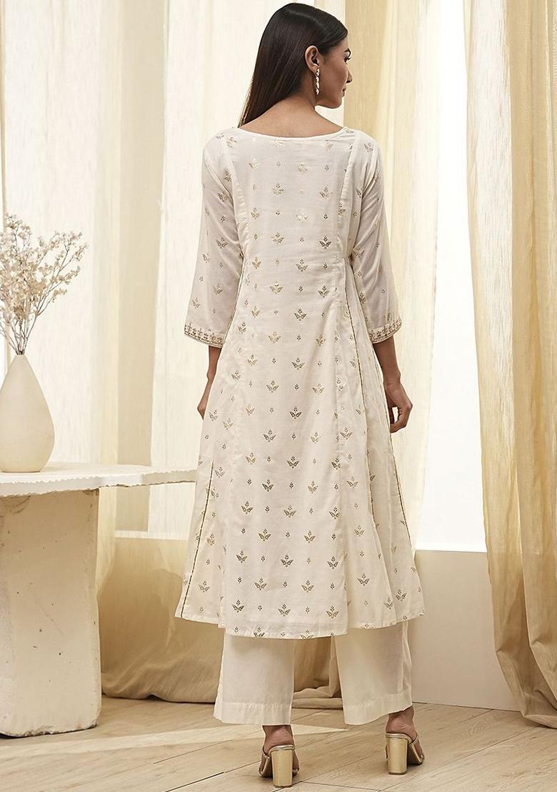 Cream Printed Cotton Anarkli Sets - Indya