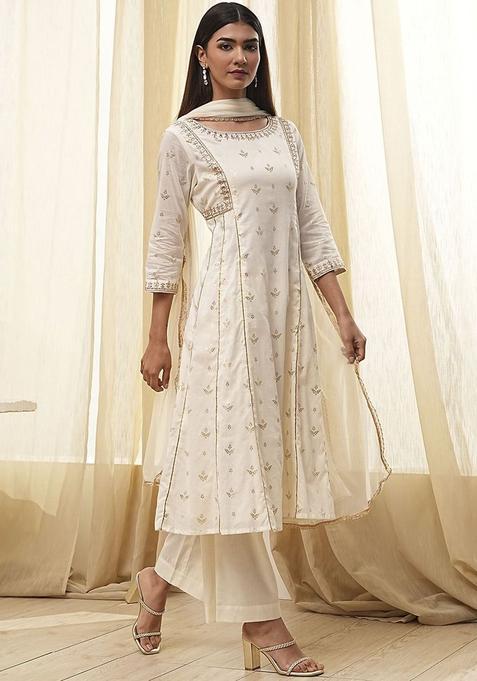 Cream Printed Cotton Anarkli Sets