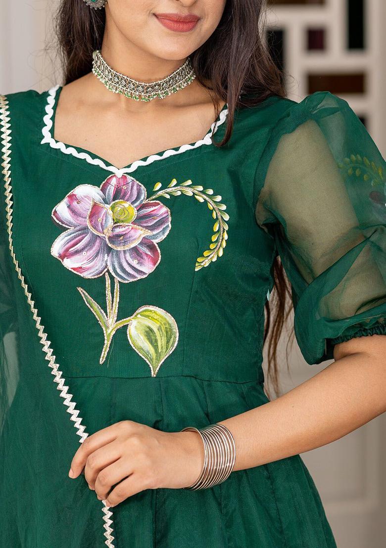 Green Printed Organza Anarkli Sets - Indya