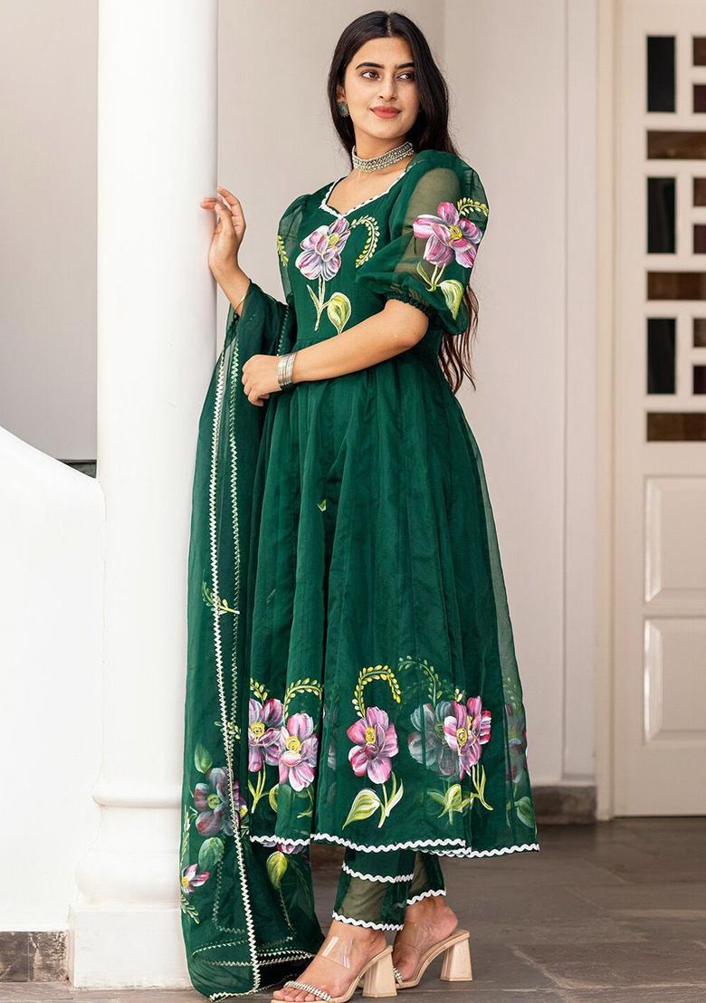Green Printed Organza Anarkli Sets - Indya