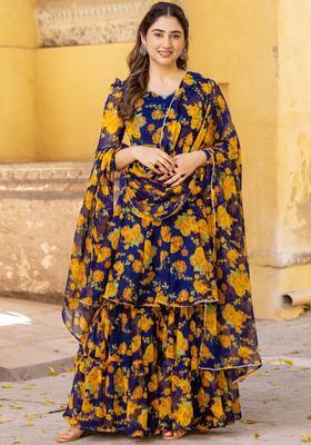 Blue Printed Silk Blend Kurta Sets