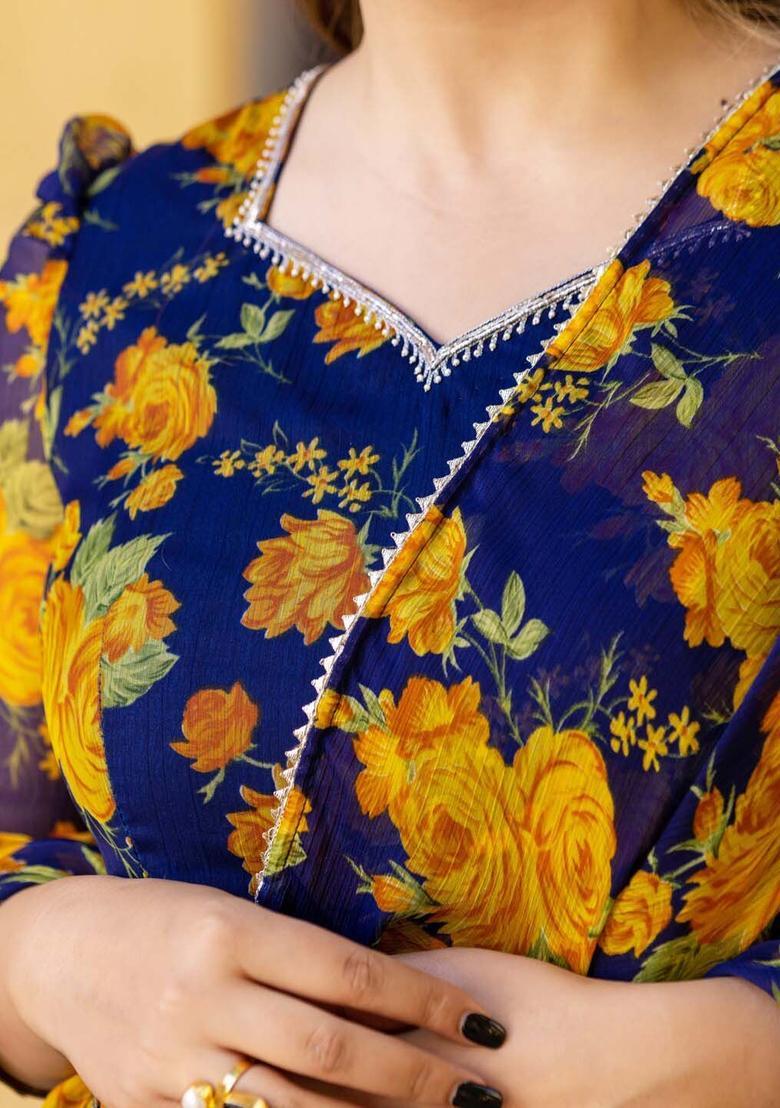 Blue Printed Silk Blend Kurta Sets - Indya