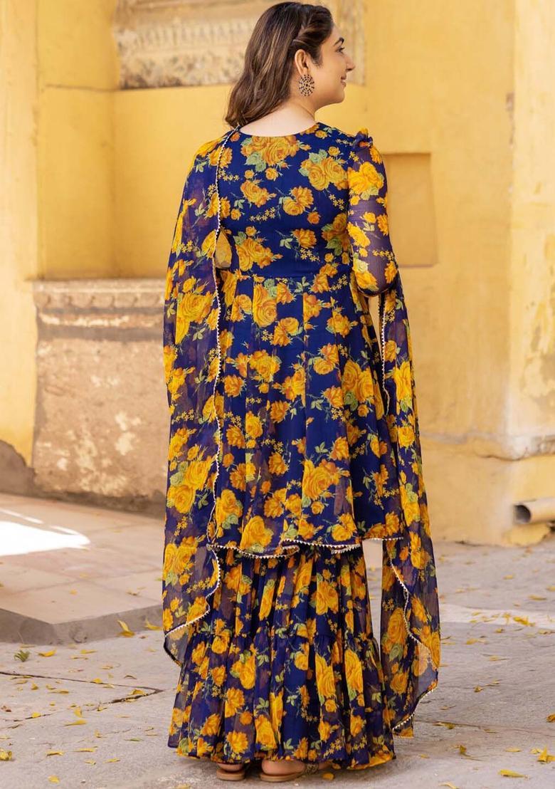 Blue Printed Silk Blend Kurta Sets - Indya